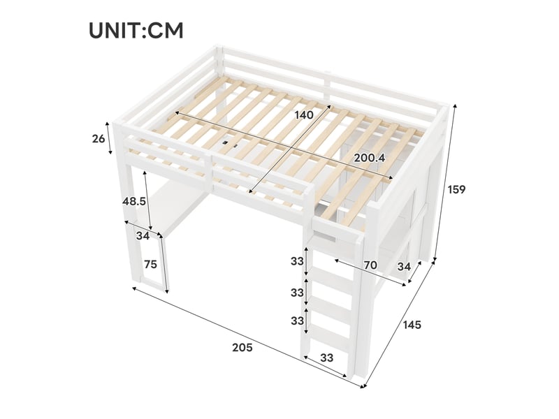  Lit mezzanine 140 × 200 cm avec bureau, étagères, armoire à tiroir, port usb et éclairage led pour chambre, blanc  - Conforama C