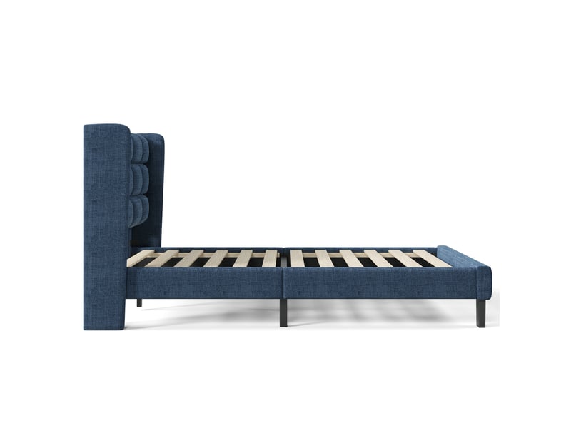  Lit simple 90x200cm, lit adulte, tête de lit et dossier rembourrés en lin bleu, sommier lattes bois (livré sans matelas)  - Conforama W