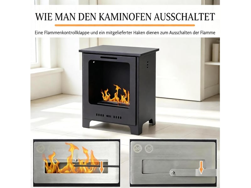  Cheminée au bioéthanol 40x30x50 cm noire en métal, sur pied avec brûleur inox 0,9 l, chauffe 20 à 25 m²  - Conforama E