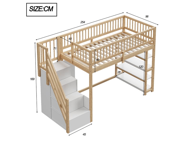  Lit mezzanine 90x200 cm avec armoire et rangements, échelle de sécurité, en bois, couleur bois naturel, sans matelas  - Conforama C