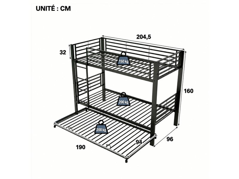  Lit superposé 90x200 avec lit gigogne, métal noir, 3 couchages, échelle et barrières  - Conforama C