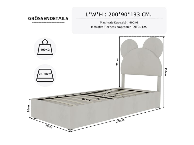 Lit coffre enfant 90x200 cm, tête de lit dessin animé, sans matelas, sans fond, beige - Conforama C