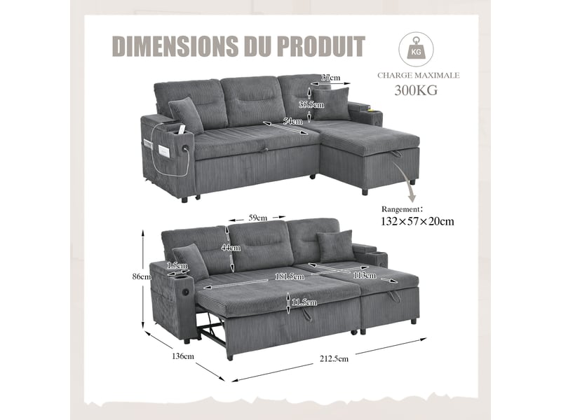  Canapé droit 3 places en corde avec rangement, porte-gobelets, usb-c, chaiselongue hydraulique et lit tiroir, design moderne et confortable  - Conforama C