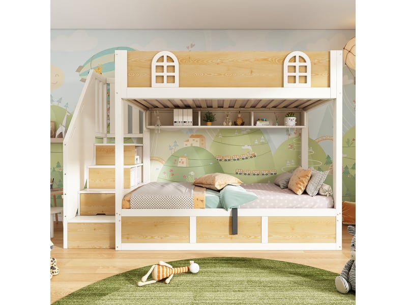  Lit superposé enfant 2 couchages 90x200 cm avec escalier de rangement, blanc et naturel  - Conforama D