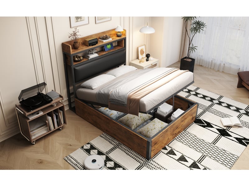  Lit coffre 90x200cm moderne rangement sous-lit tête rembourrée ports usb design rétro bois et métal noir sans matelas  - Conforama B