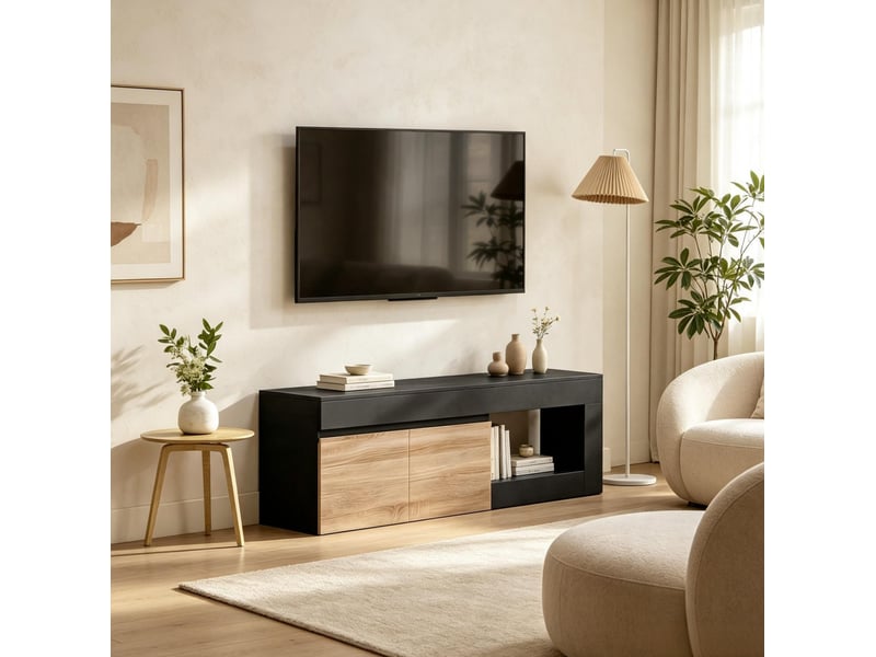  Meuble tv noir et bois clair 140 cm, 2 portes et étagère ouverte, jusqu'à 60 pouces, rangement pratique  - Conforama B