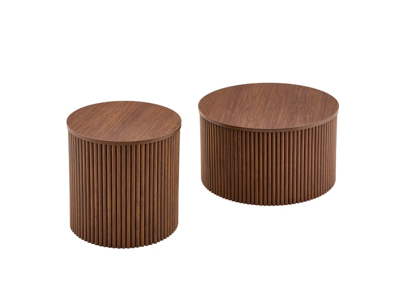  Tables basses gigognes ulevr 2 pièces avec rangement caché, rondes ø65 et ø45 cm, mdf finition grain de bois noyer, décor colonnes romaines  - Conforama A