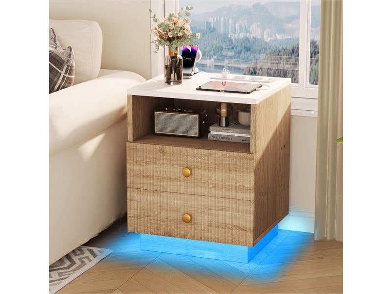  Lot de 2 tables de chevet - 44x30x55cm - table de nuit avec éclairage led rvb 7 couleurs, prises eu,2 tiroirs - marron et blanc  - Conforama C
