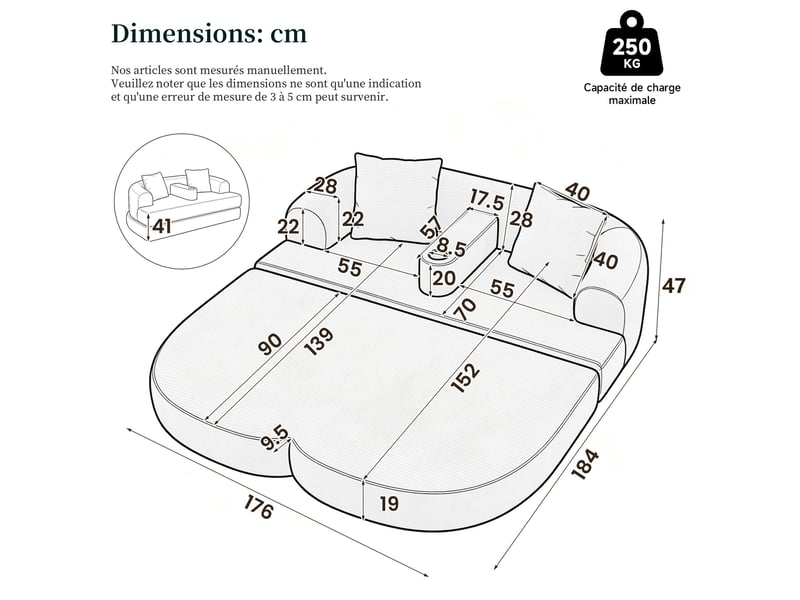  Canape droit pliant 2 places compressé, design 2-en-1, en mousse douce et velours côtelé couleur gris foncé, design moderne  - Conforama C