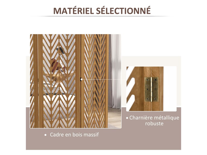  Paravent en bois ajouré séparateur de pièce closion intérieur pliable 4 panneaux en bois naturel 160 x 170 cm  - Conforama E