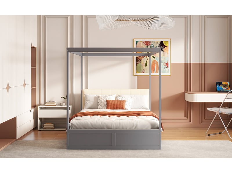  Lit 140x200 cm en bois gris avec grands tiroirs de rangement et tête de lit rembourrée  - Conforama B