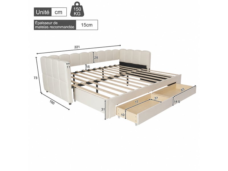  Lit rembourré 90x200 cm, canapé-lit extensible 90180x200cm avec 2 tiroirs, ports usb &amp; type-c, lin beige  - Conforama C