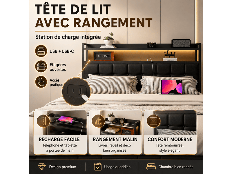  Lit coffre double 160x200cm avec  led et prise usb tpye c - rangement de chevet et tête de lit rembourré- hydraulique - lit adulte 2 personnes - pu - noir - lit capitonné, lit 2 places, cadre de lit, lit ado, sommier à lattes, c…  - Conforama D