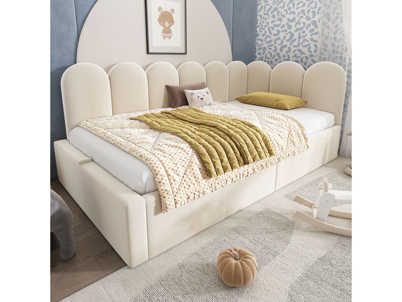  Lit banquette 90x200 cm rembourré, rangement hydraulique, dossier et structure en l, velours beige  - Conforama B