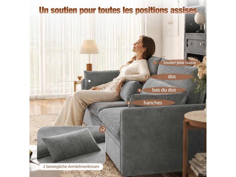  Canapé convertible 3 places gris clair en chenille avec rangement, 206 cm Fay Lum - Conforama E