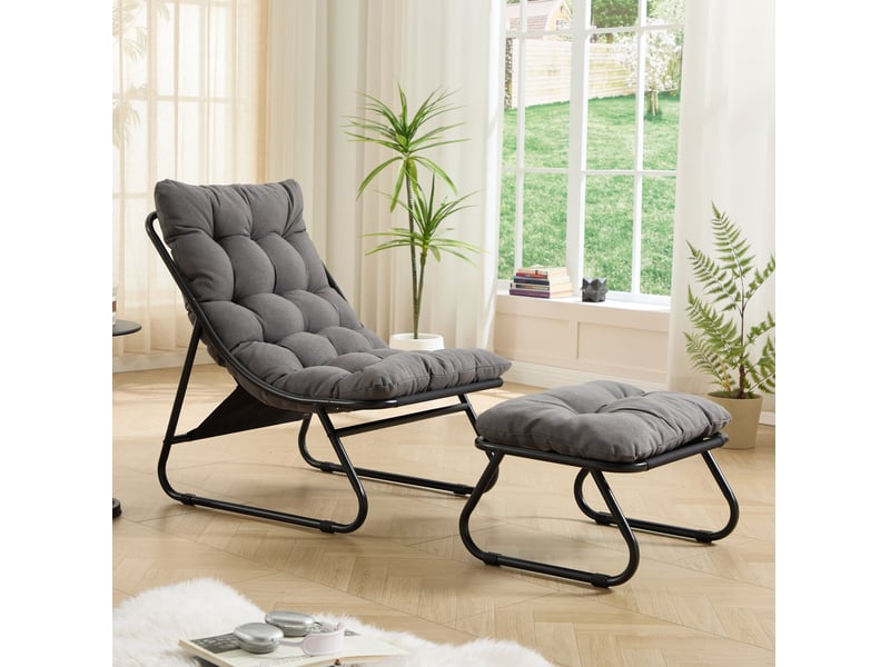  Fauteuil de jardin gris avec repose-pieds, coussin épais et structure acier noire, pour intérieur et extérieur  - Conforama E