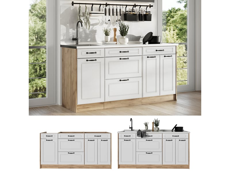  Vicco bloc de cuisine, blanc campagnechêne doré, 160cm plan de travail anthracite  - Conforama D