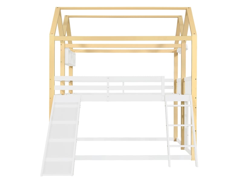  Lit mezzanine enfant 90x200 cm blanc et bois, avec toboggan, échelle réversible et espace de jeu sous le lit  - Conforama D