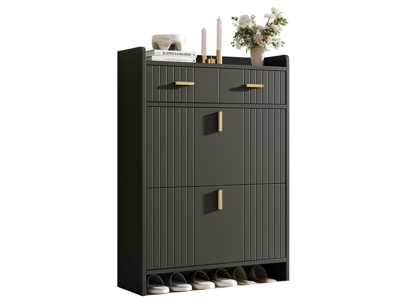 Meuble à chaussures - 75x24x108,5cm - meuble d'entrée étroit avec 2 tiroirs, 2 abattants, niche ouverte - noir et doré - Conforama A