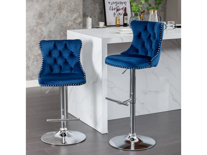  Lot de 2 tabourets de bar pivotants en velours bleu, dossier capitonné, piètement chromé, réglables  - Conforama B