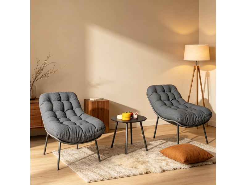  Salon de jardin 2 places 66x99x73 cm – gris – 2 fauteuils, table ronde et coussins épais 15 cm extérieur  - Conforama B