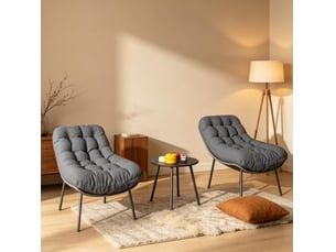 Salon de jardin 2 places 66x99x73 cm – gris – 2 fauteuils, table ronde et coussins épais 15 cm extérieur