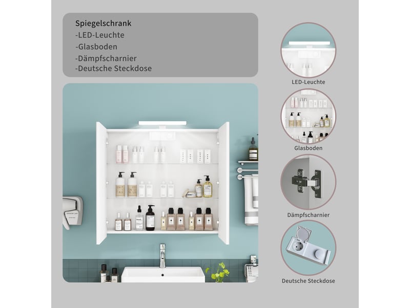  Meuble miroir salle de bain mural 80cm blanc led, prise fr, 2 portes, préassemblé  - Conforama E