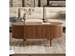 Table basse ovale noyer avec plateau relevable et rangement compartimenté design ondulé 100x48x54,5 cm
