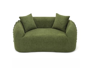 Canapé 2 places vert en chenille, lignes courbes, accoudoirs avec laçage décoratif, sans montage à prévoir