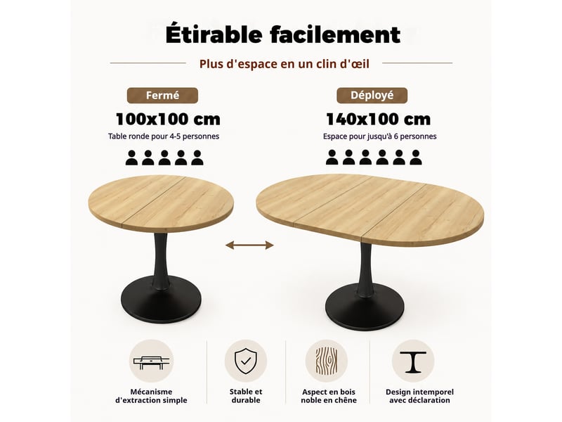 Table à manger extensible ovale 100-140 x 100 x 75 cm, coloris chêne, style moderne Jamama eleni - Conforama D