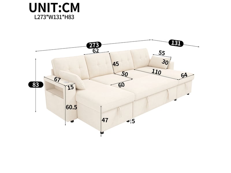  Canapé panoramique en u 4 places convertible avec rangements, usb, type c et led en chenille beige  - Conforama C