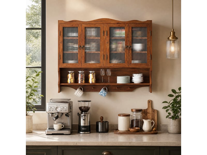  Armoire murale 4 portes avec étagères amovibles et crochets, pour cuisine, bois et verre marron, 100 × 20 × 80 cm  - Conforama C