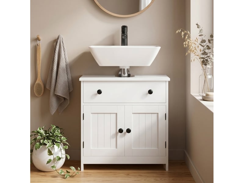  Meuble sous lavabo blanc 60 cm en mdf, 1 tiroir et 2 portes à fermeture douce, rangement pratique salle de bains  - Conforama B