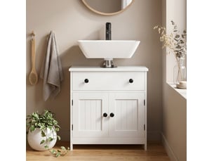 Meuble sous lavabo blanc 60 cm en mdf, 1 tiroir et 2 portes à fermeture douce, rangement pratique salle de bains
