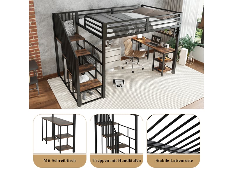 Lit mezzanine 120x200 cm - bureau intégré - escalier avec mains courantes - étagère de rangement - métal et bois - noir - Conforama E