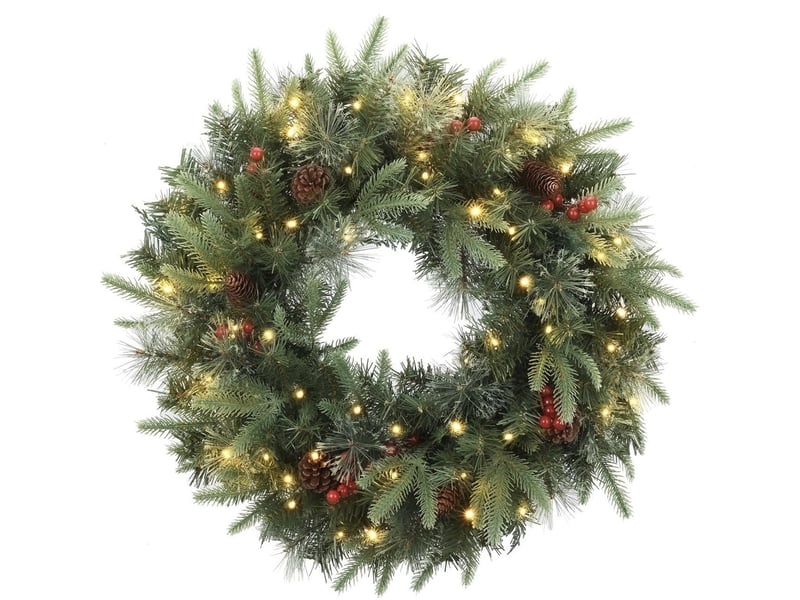  Couronne de noël lumineuse 50 cm, sapin artificiel avec pommes de pin, baies rouges et minuterie  - Conforama A