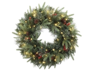 Couronne de noël lumineuse 50 cm, sapin artificiel avec pommes de pin, baies rouges et minuterie
