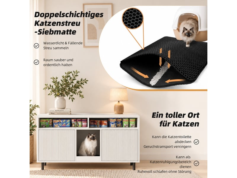  Meuble cache-litière blanc avec rangement, tapis de sortie et portes rainurées, 120x50x66 cm  - Conforama B