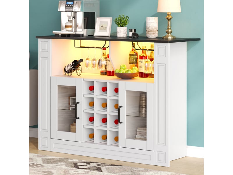 Meuble bar avec 12 casiers à bouteilles, porte-verres et éclairage led multicolore pour cuisine en mdf 120×35×84 cm - Conforama B