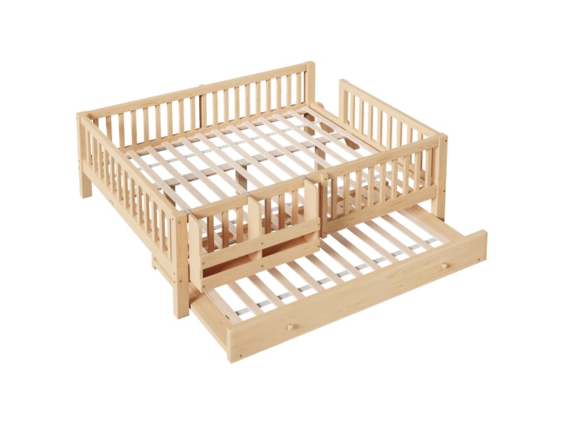  Lit plateforme en bois 140x200 avec barrière de sécurité et méridienne, couleur bois  - Conforama E