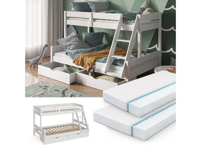 Vitalispa lit superposé, blanc, 120x200 80x200 cm avec 2 matelas et 2 tiroirs  - Conforama D
