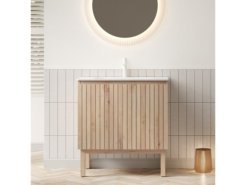 Meuble sous vasque 80 cm à deux portes avec étagère - lpospi - vasque intégrée pierre frittée blanc chêne - Conforama C