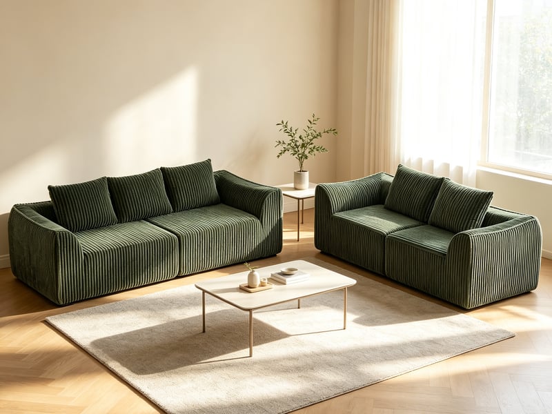  Canapé droit épuré en velours côtelé, silhouette fine, dossier en pente douce, 5 coussins, vert  - Conforama B