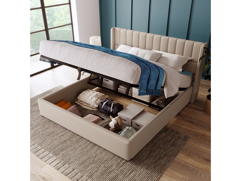  Lit double 160x200 cm avec matelas, structure de lit avec espace de rangement, lit double avec sommier à lattes, beige  - Conforama R
