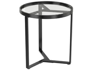 Table d'appoint plateau rond en verre trempé piètement métallique géométrique format compact coloris noir