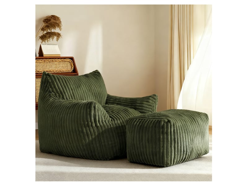 Fauteuil avec pouf ergonomique, assise enveloppante et accoudoirs larges pour salon, en flanelle verte - Conforama B