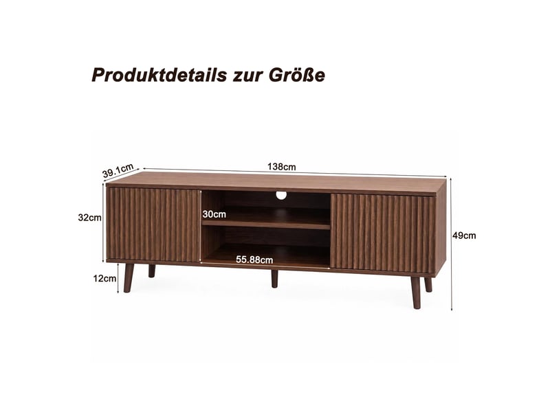  Meuble tv 138x39 cm,2 portes rainurées,niche ouverte,2 passe-câbles,5 pieds en bois,style rétro,panneaux de bois,effet noyer  - Conforama E