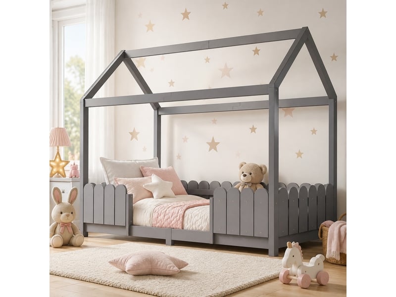  Lit cabane enfant 200×90 cm avec barrière de protection et sommier à lattes, sans matelas, en pin et mdf gris  - Conforama B