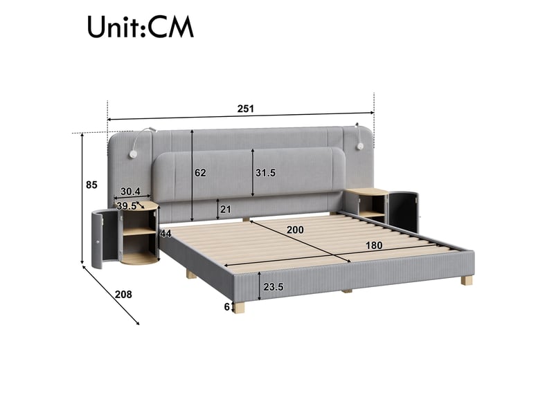  Lit rembourré 180x200 cm éclairage led velours côtelé gain de place pour chambre enfant ou adulte moderne gris OPULERANE TRADING LTD - Conforama D
