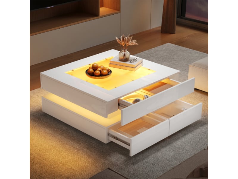 Table basse carrée blanc avec 3 tiroirs - 70x70 cm led panneau de particules table basse blanc - Conforama B